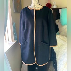 Talbots Black Collarless Jacket with Tan Trim